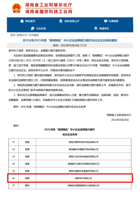 威勝電氣榮膺“‘湖湘精品’中小企業(yè)品牌能力提升試點(diǎn)企業(yè)”稱(chēng)號