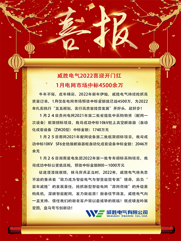 威勝電氣2022喜迎開(kāi)門(mén)紅 1月電網(wǎng)市場(chǎng)中標4500余萬(wàn)